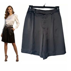 Banana Republic Women Sz 2 Black Satin Bermuda Short High-Waist Pleated 2 pocket